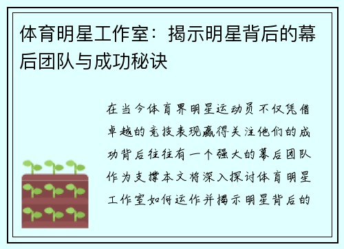 体育明星工作室：揭示明星背后的幕后团队与成功秘诀